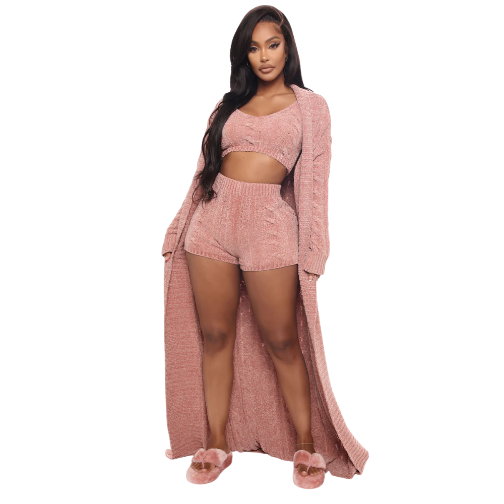 Cable Knit Crop Sweater Shorts And Cardigan 3 Piece Set For Women