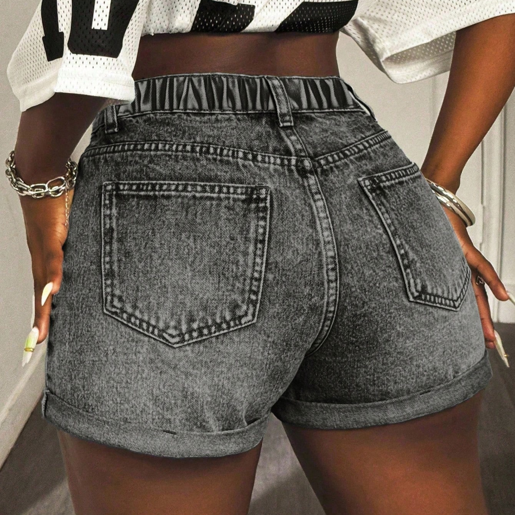Cuffed Casual Versatile Denim Shorts For Women