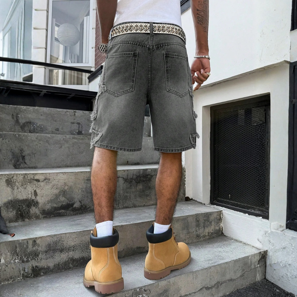 Men’s Distressed Wide Leg Denim Shorts Streetwear