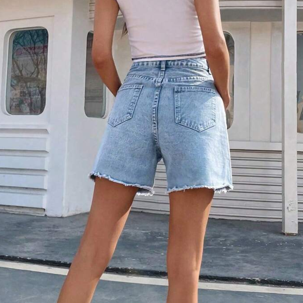 Casual Washed Raw Hem Slant Pocket Denim Shorts For Women