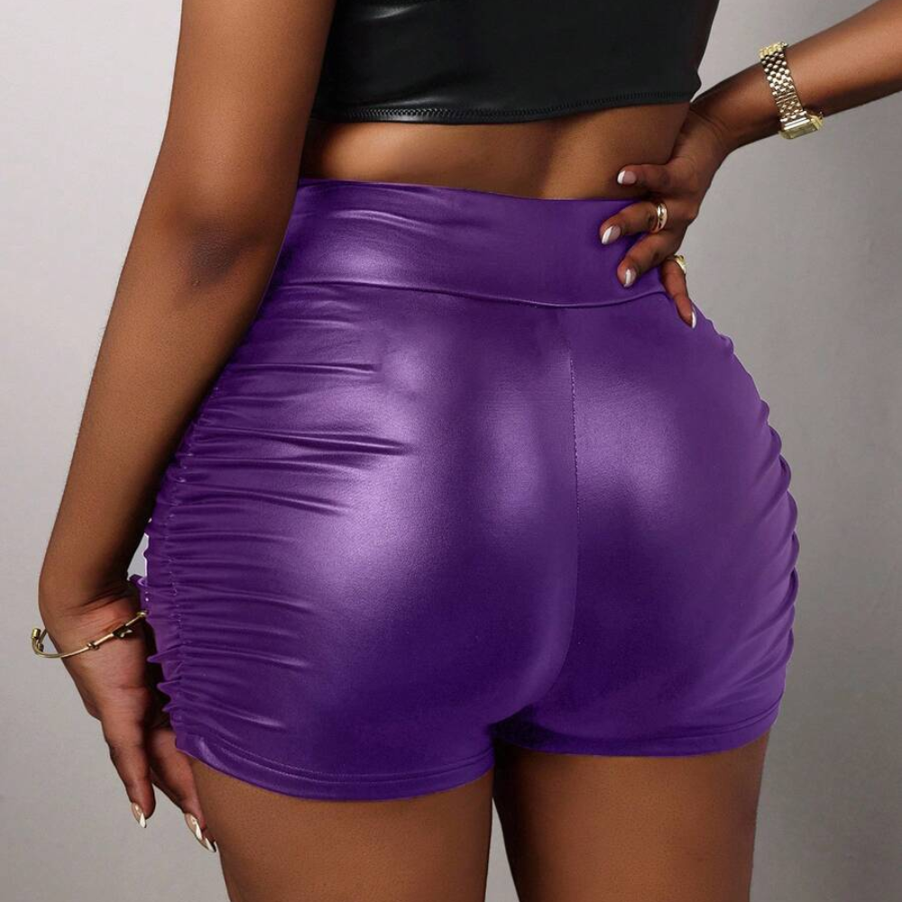 Elegant High Faux Leather Pleated Slim Shorts For Women