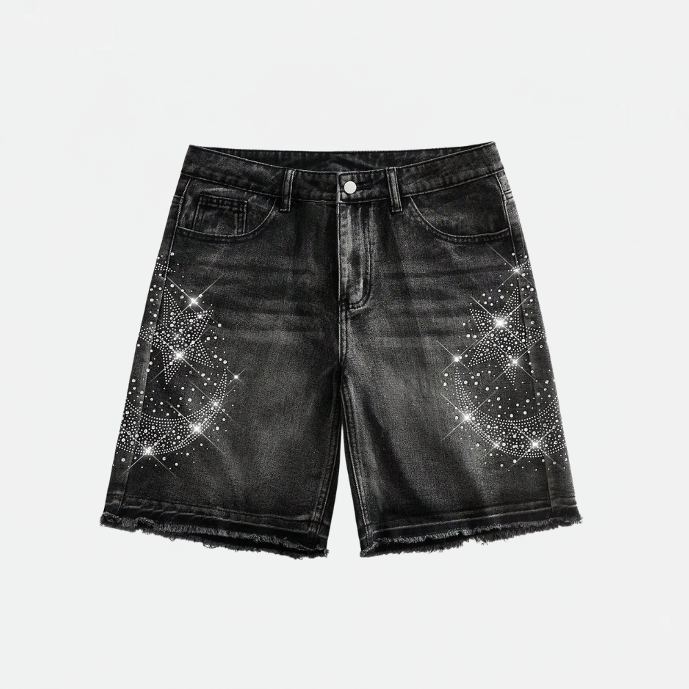 Men’s Washed Denim Shorts With Rhinestone Design