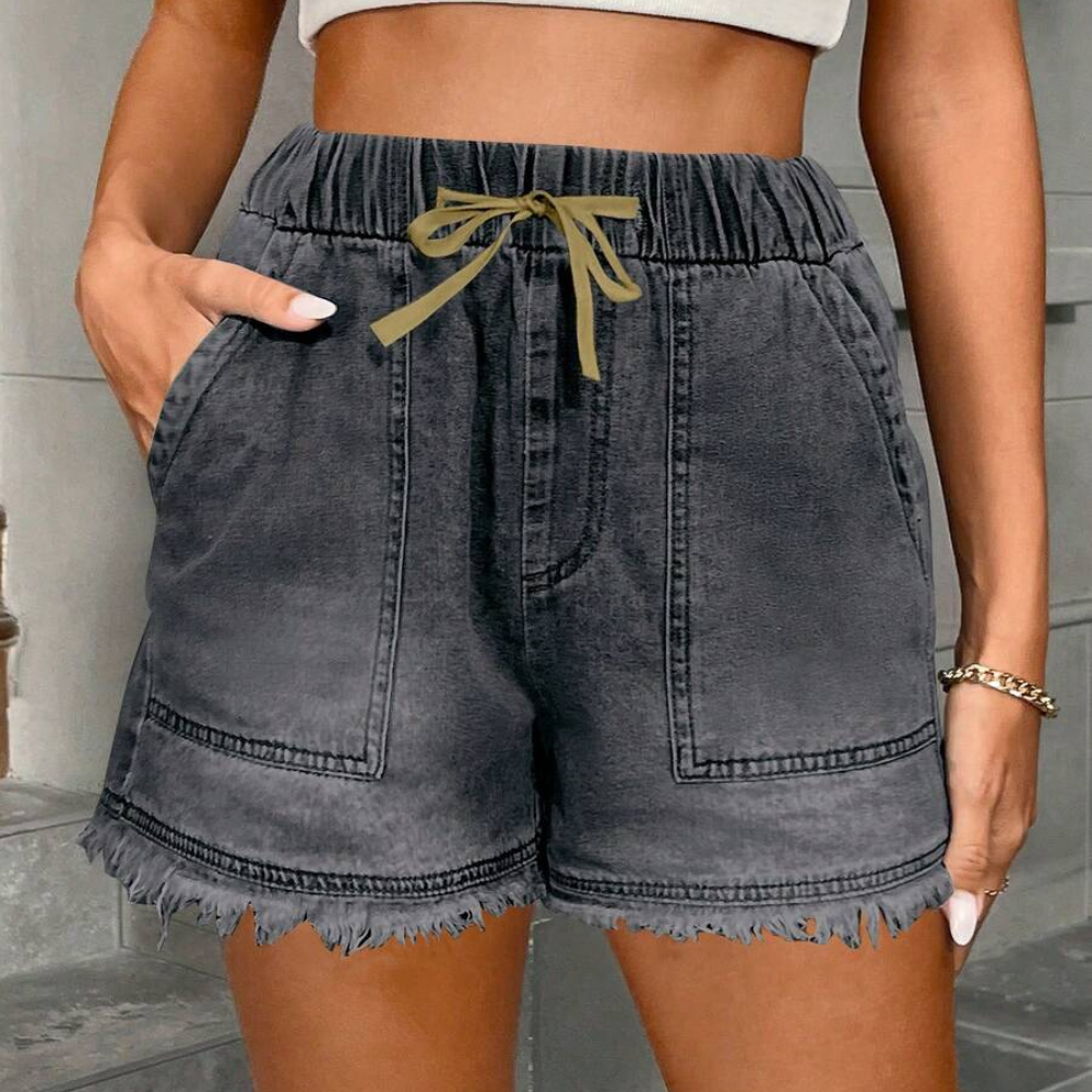 Casual Drawstring Frayed Hem Denim Shorts For Women