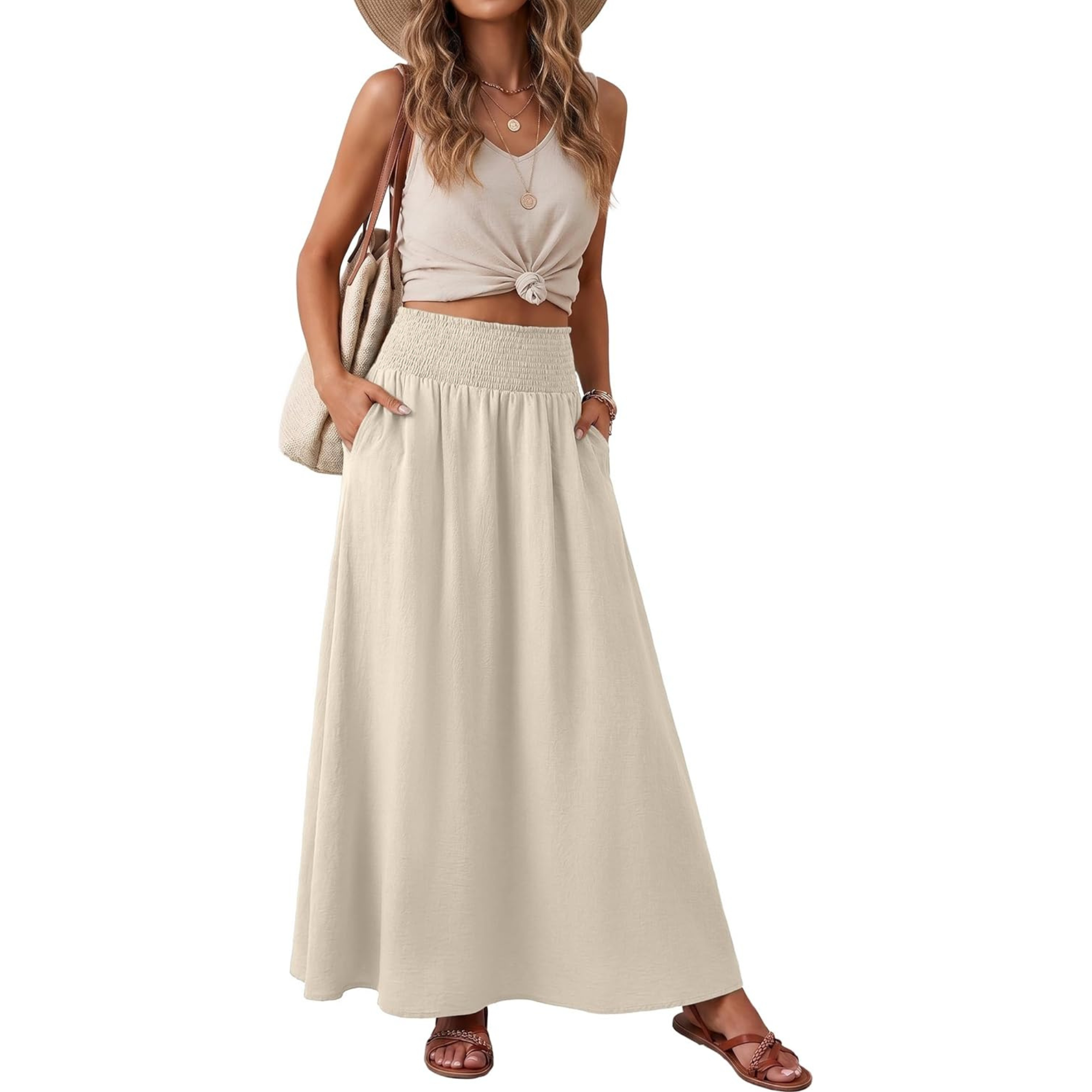 High Rise Pleated Boho Maxi Skirt With Pockets