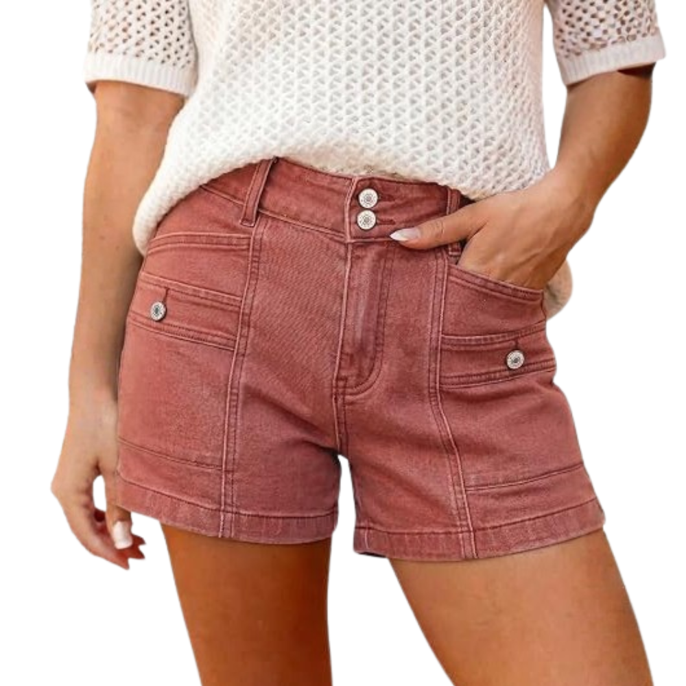 High Waisted Stretch Double Button Denim Shorts For Women