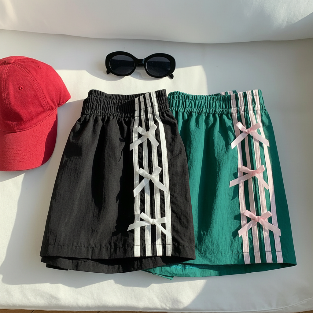 2 Pieces Summer Casual And Versatile Stripe Sports Shorts For Women