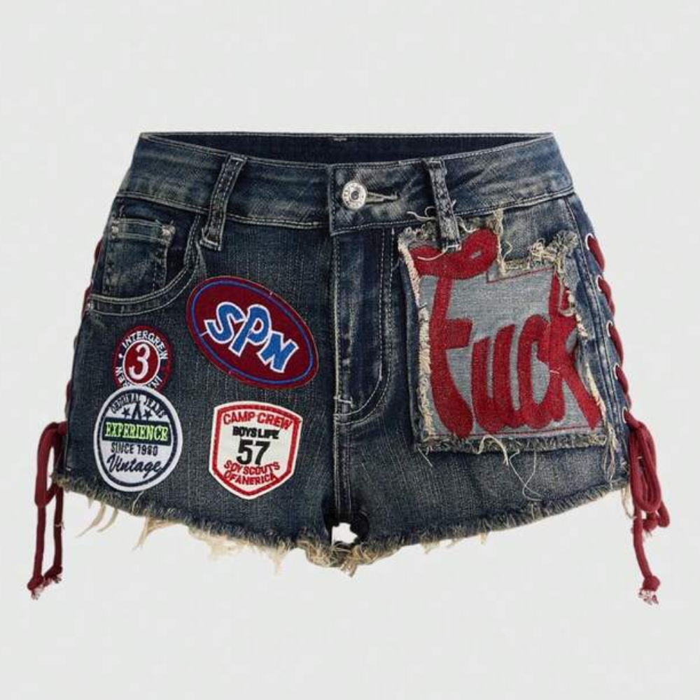 Spring And Summer Retro Sports Embroidered Drawstring Low Waist Shorts For Women