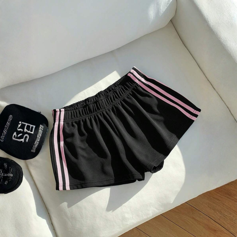 Vintage Washed Knit Cotton Striped Wide Shorts For Women