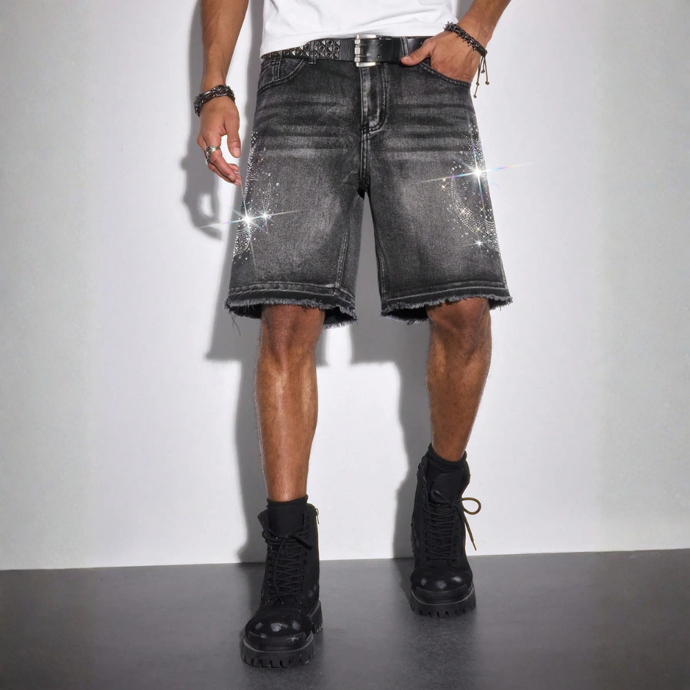 Men’s Washed Denim Shorts With Rhinestone Design