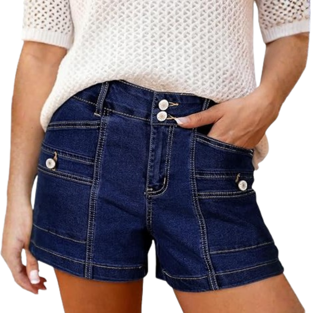 High Waisted Stretch Double Button Denim Shorts For Women