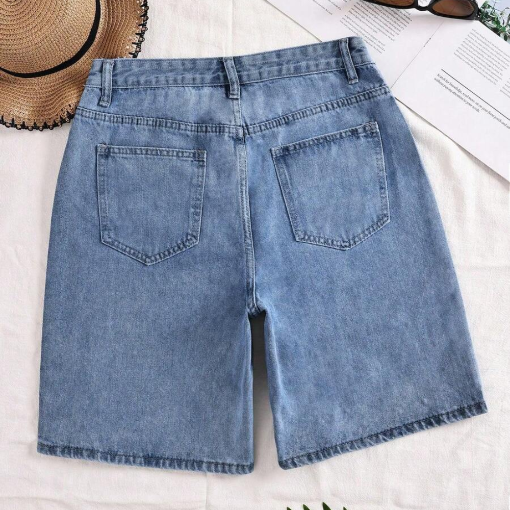Washed Straight Denim Shorts For Women