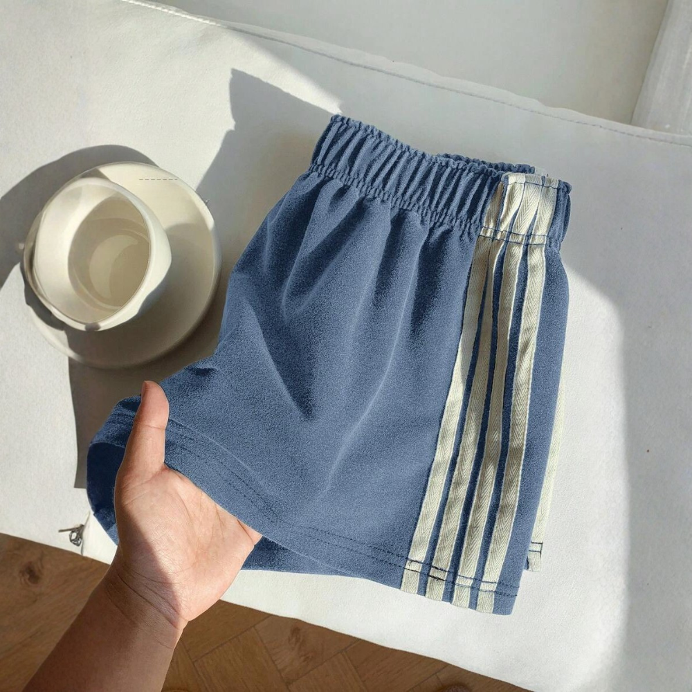 Vintage Washed Knit Cotton Striped Wide Shorts For Women
