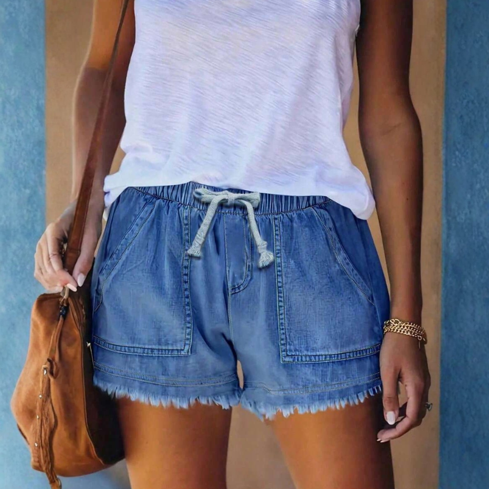 Casual Elasticated Fringe Trim Denim Shorts For Women