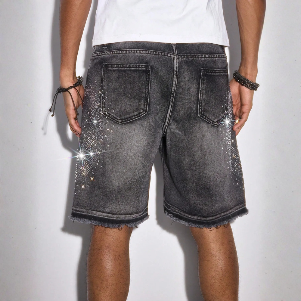 Men’s Washed Denim Shorts With Rhinestone Design