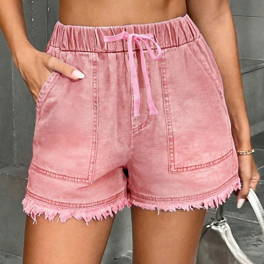Casual Drawstring Frayed Hem Denim Shorts For Women