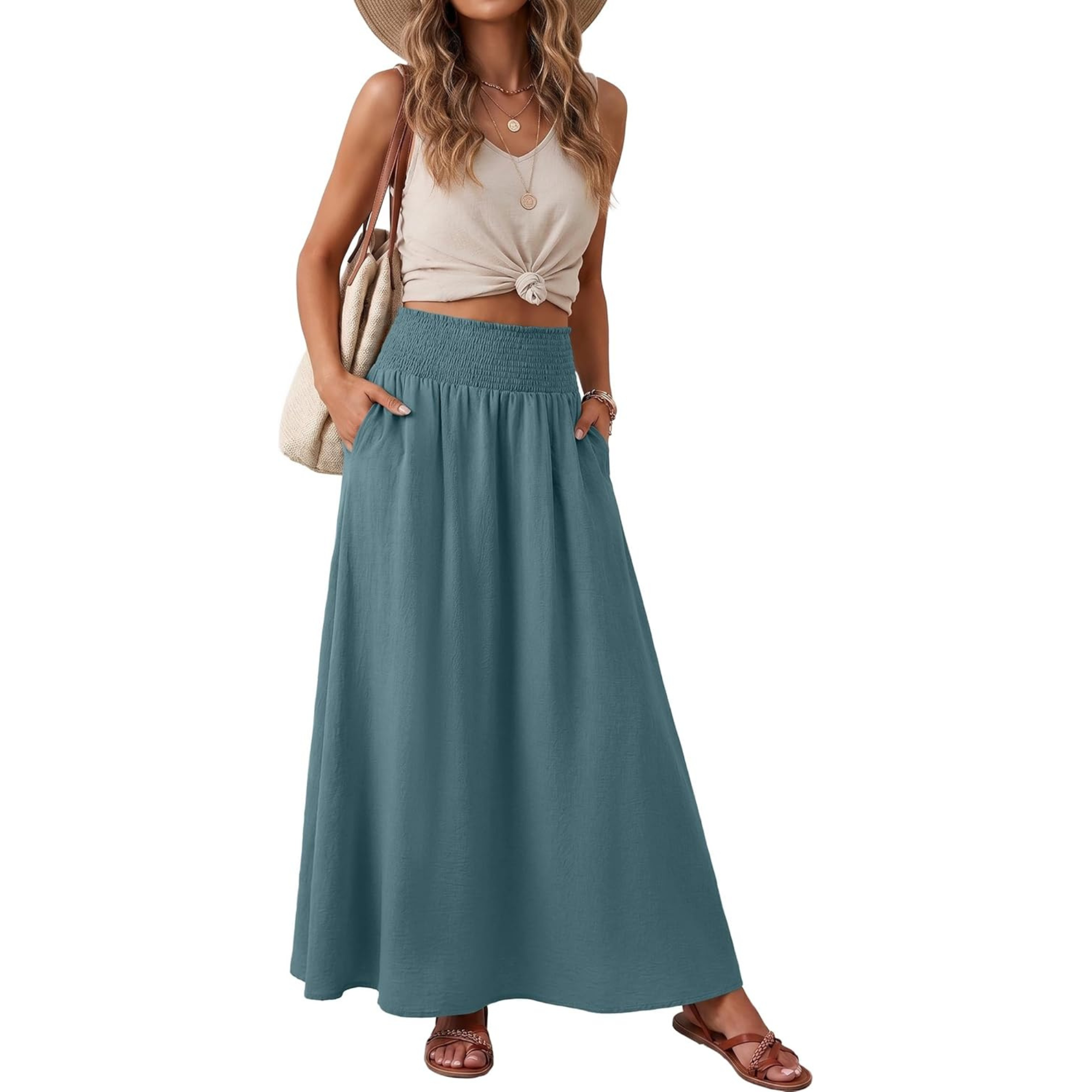 High Rise Pleated Boho Maxi Skirt With Pockets
