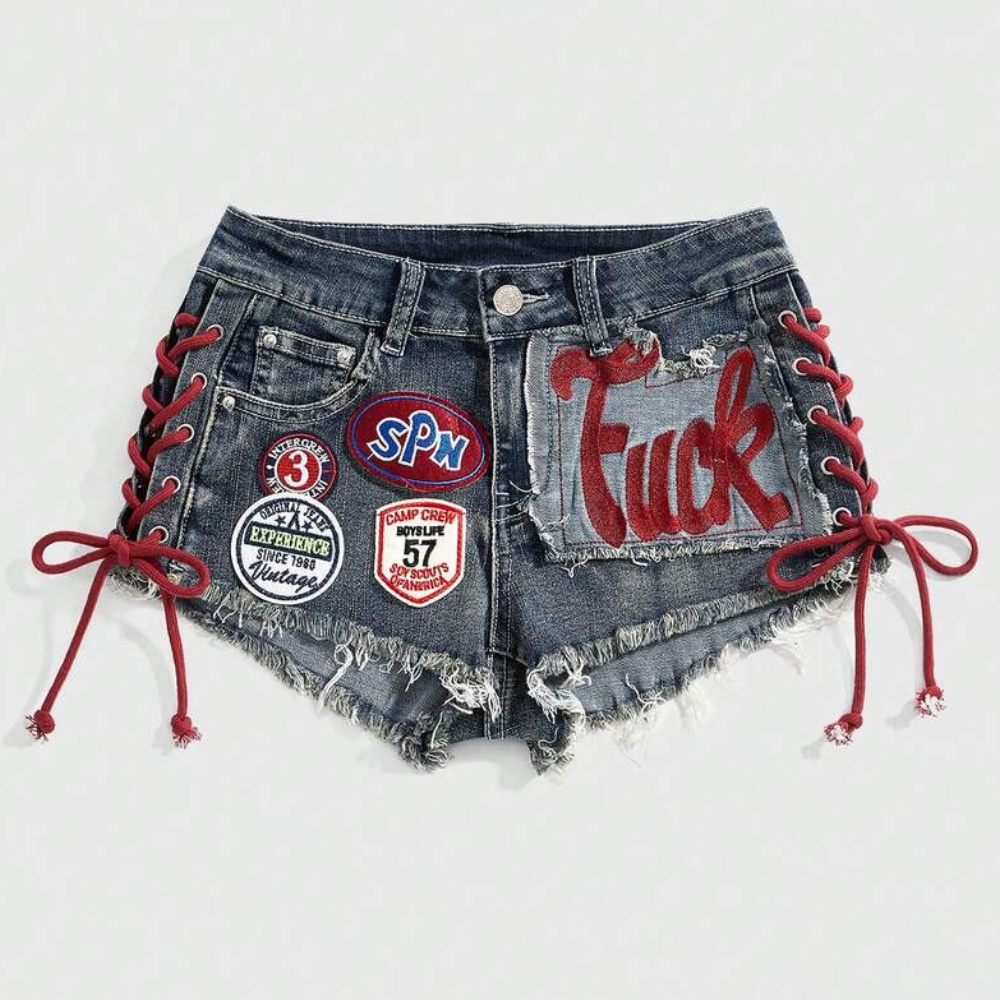Spring And Summer Retro Sports Embroidered Drawstring Low Waist Shorts For Women