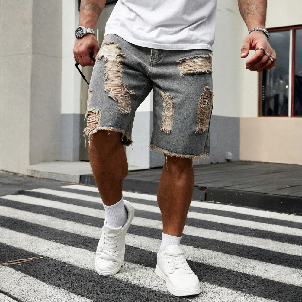 Men’s Distressed Denim Shorts Casual Street Style