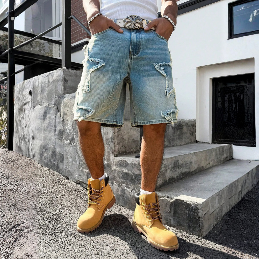 Men’s Distressed Wide Leg Denim Shorts Streetwear