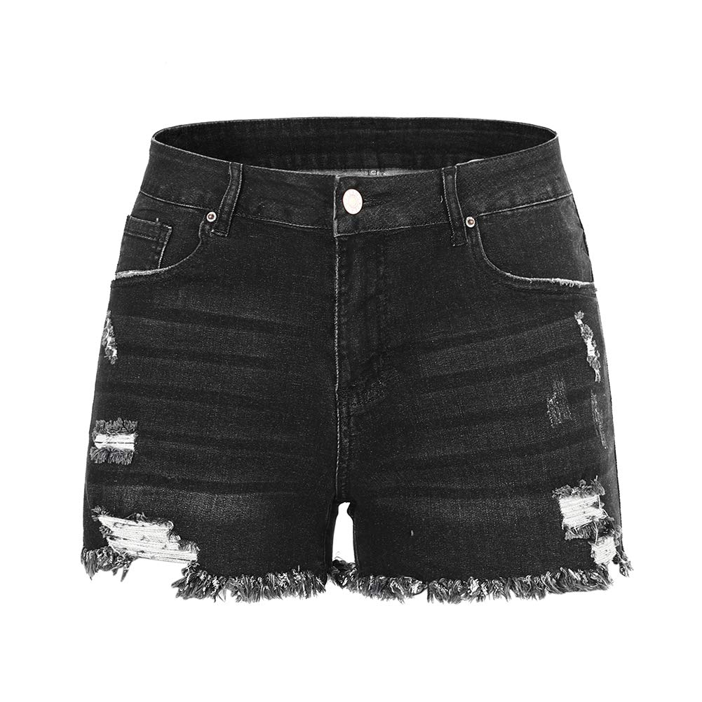 Casual Denim Ripped Stretchy Mid Rise Shorts For Women