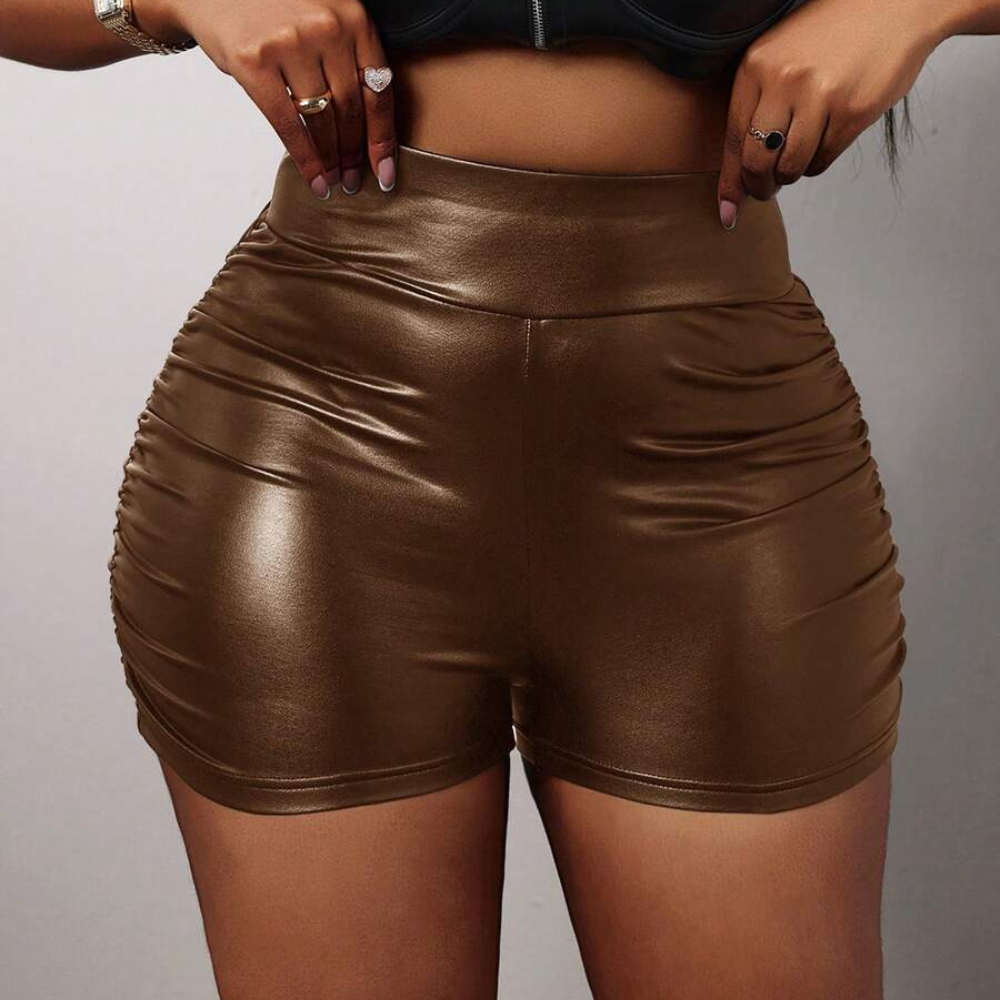 Elegant High Faux Leather Pleated Slim Shorts For Women