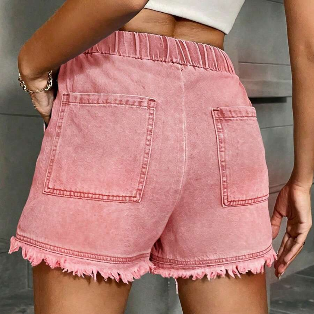Casual Drawstring Frayed Hem Denim Shorts For Women