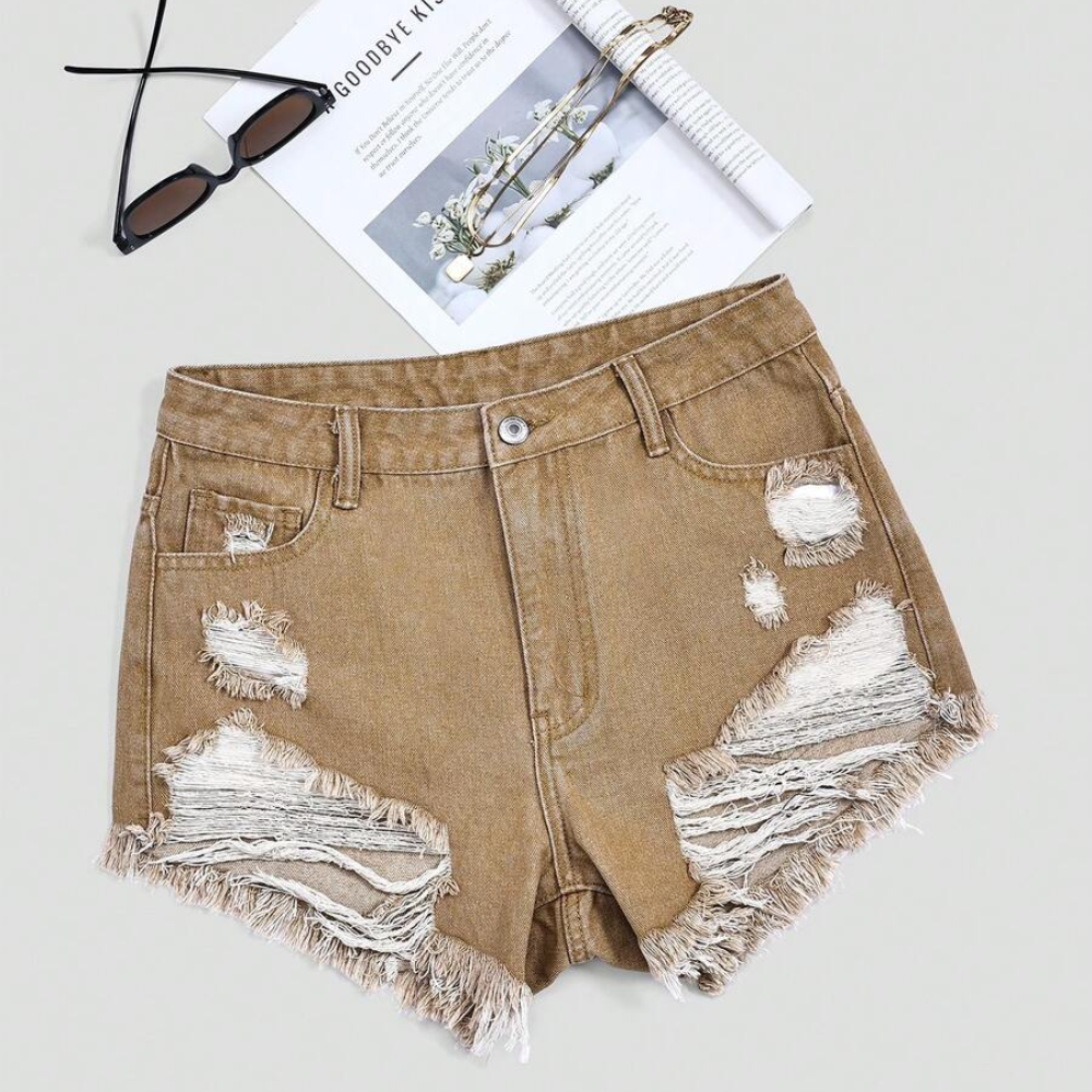 Fringe And Hem Everyday Denim Shorts Y2k Ripped For Women