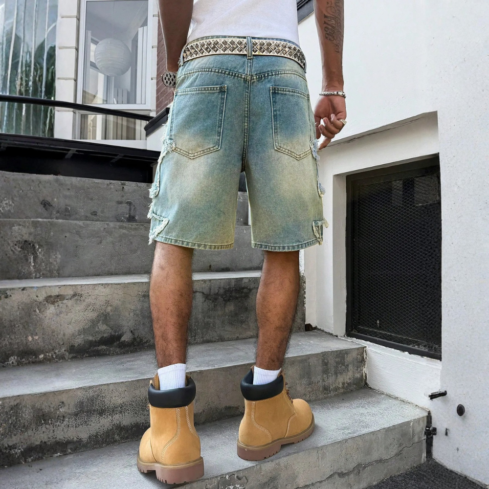 Men’s Distressed Wide Leg Denim Shorts Streetwear