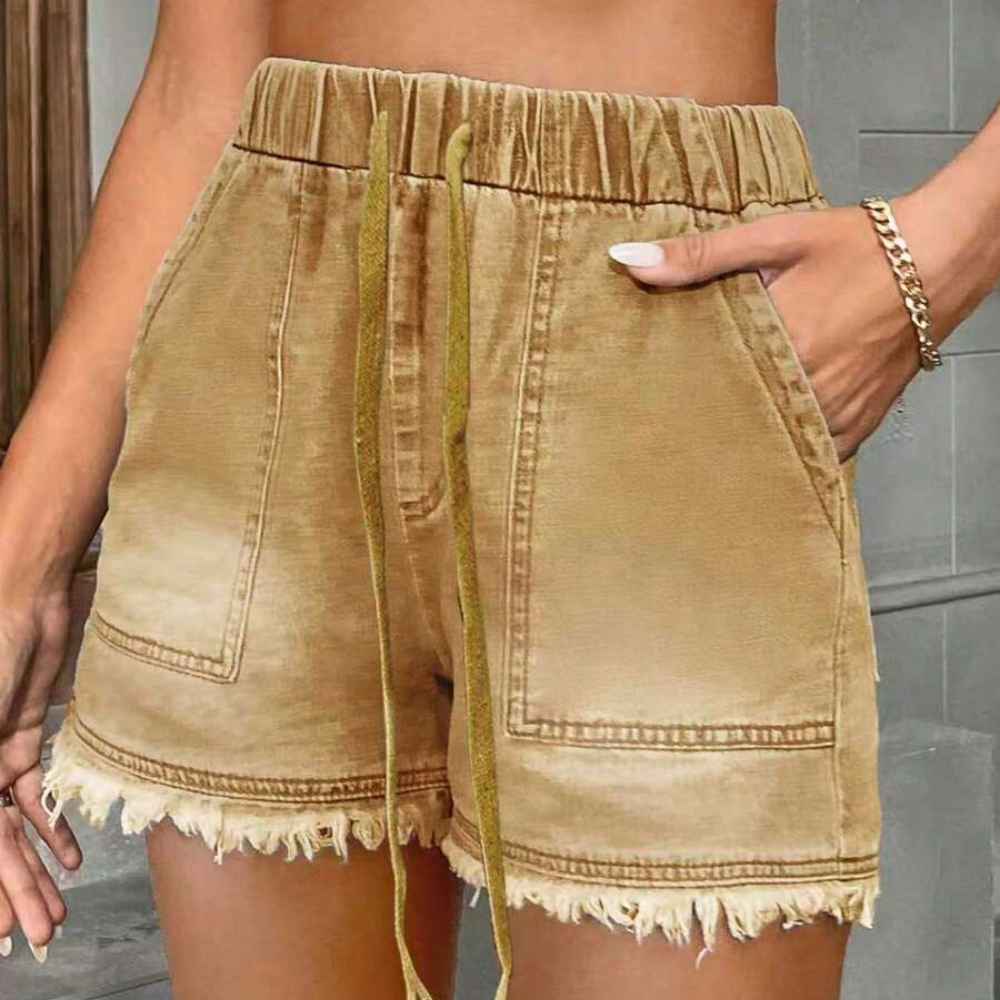 Casual Drawstring Frayed Hem Denim Shorts For Women