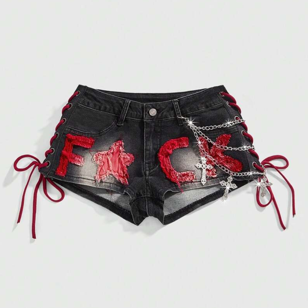 Spring And Summer Retro Sports Embroidered Drawstring Low Waist Shorts For Women