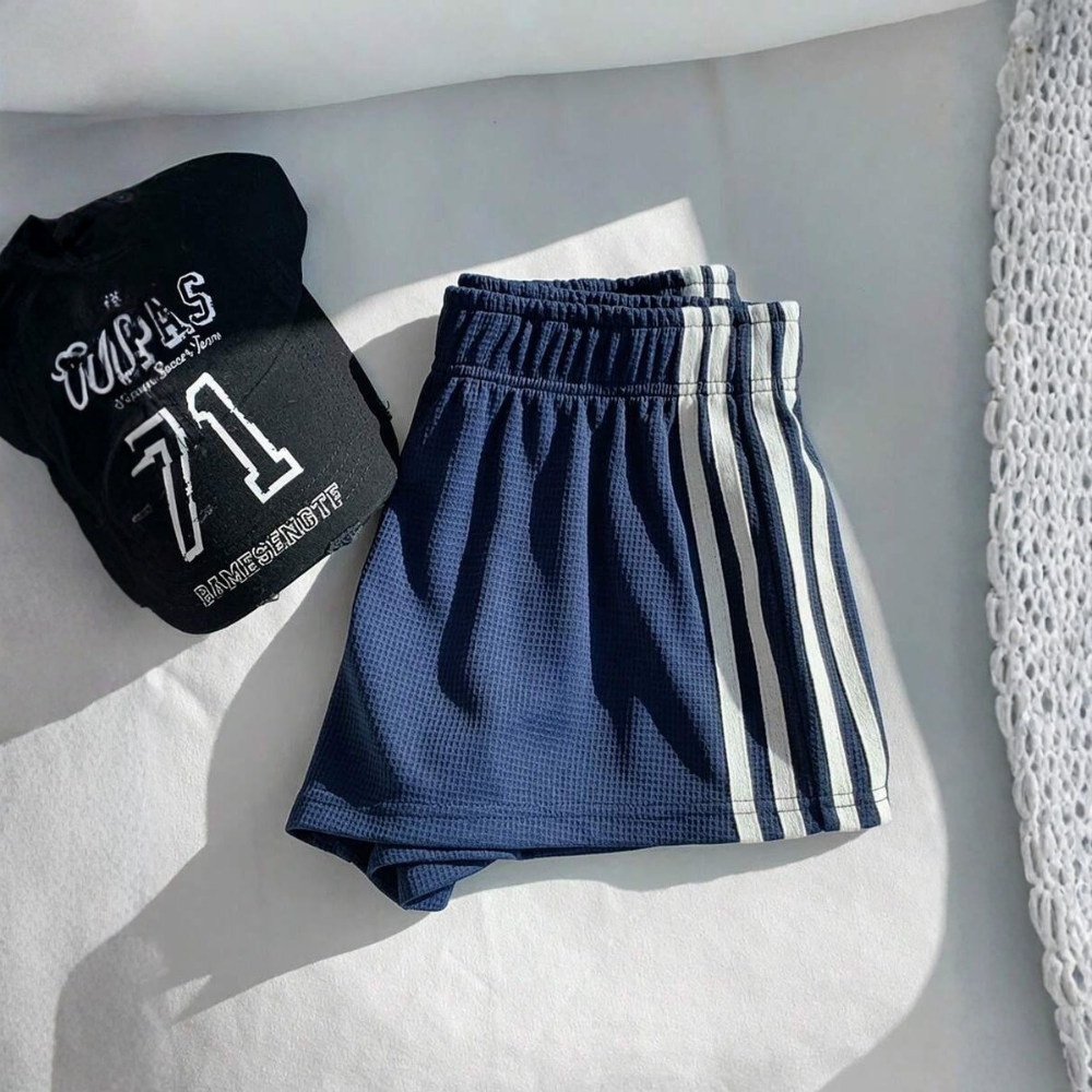 Vintage Washed Knit Cotton Striped Wide Shorts For Women