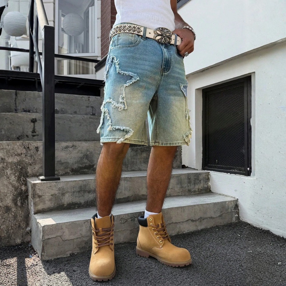 Men’s Distressed Wide Leg Denim Shorts Streetwear