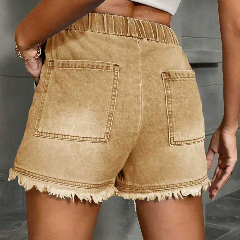 Casual Drawstring Frayed Hem Denim Shorts For Women