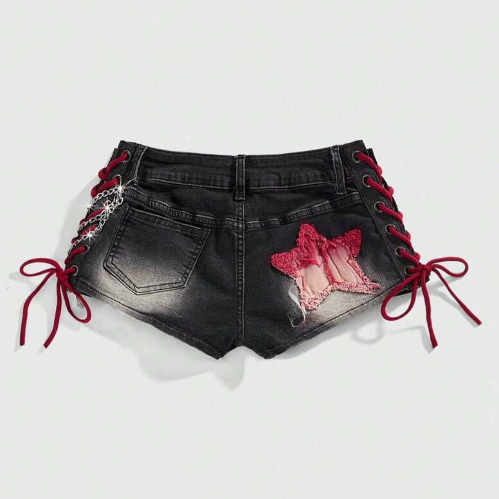 Spring And Summer Retro Sports Embroidered Drawstring Low Waist Shorts For Women