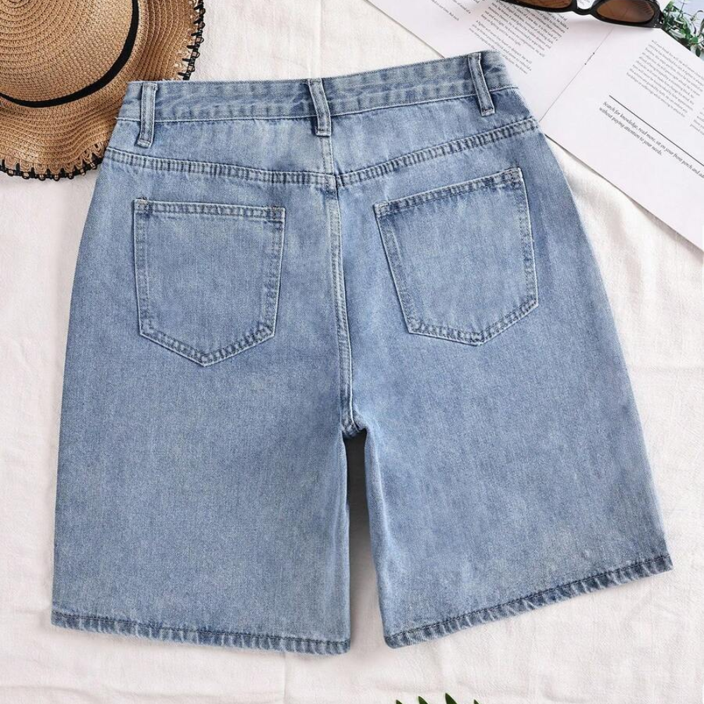 Washed Straight Denim Shorts For Women
