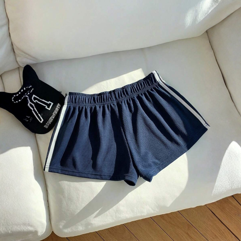 Vintage Washed Knit Cotton Striped Wide Shorts For Women
