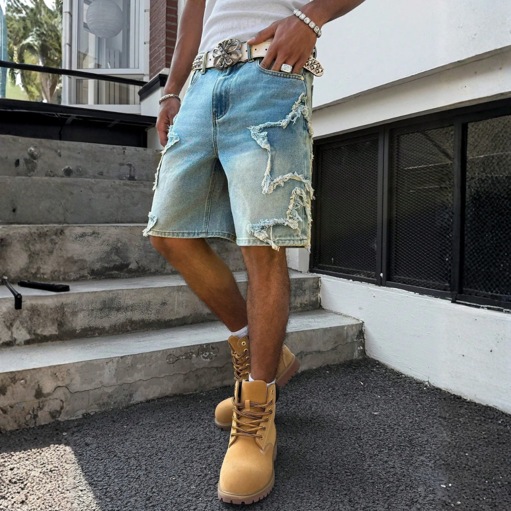 Men’s Distressed Wide Leg Denim Shorts Streetwear