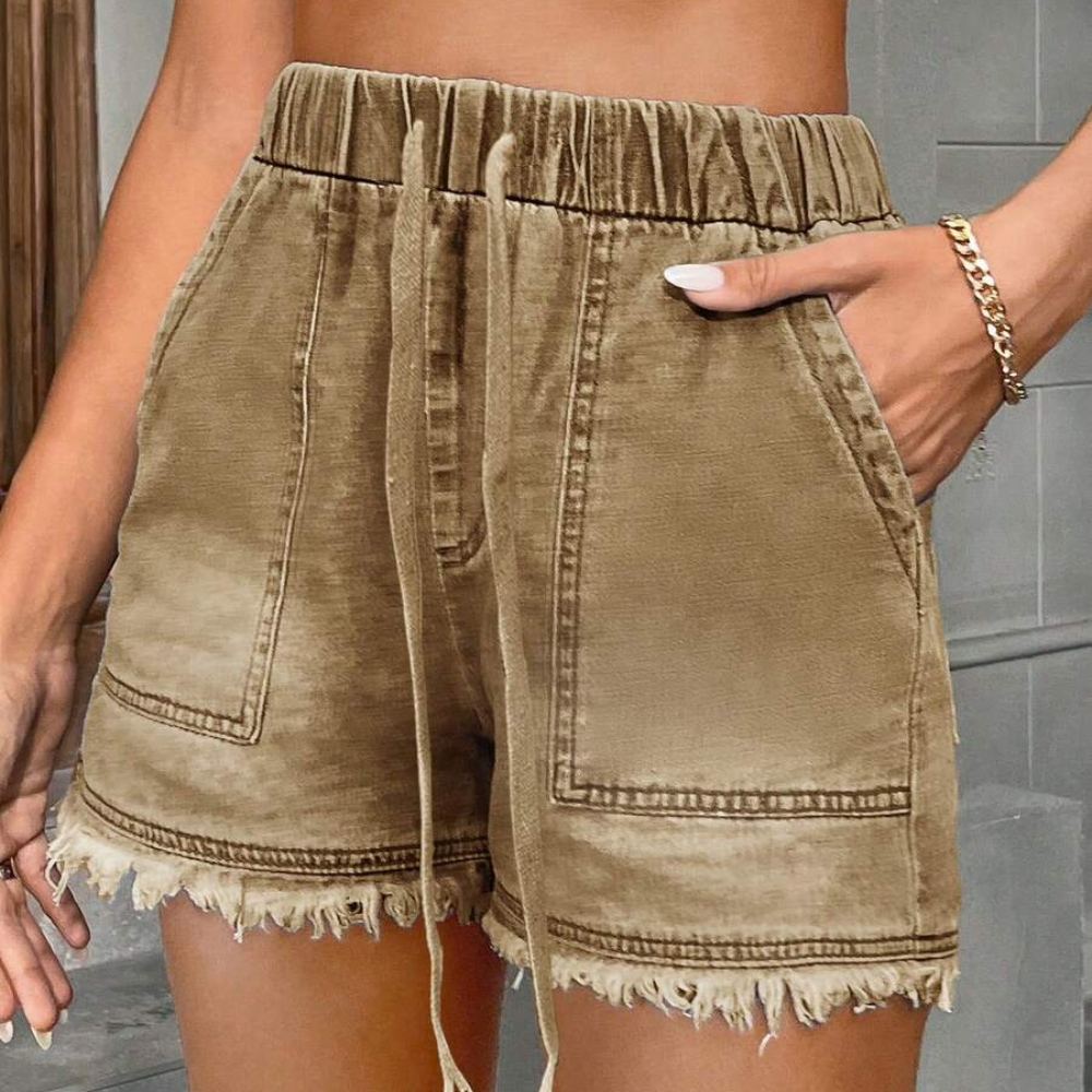 Casual Drawstring Frayed Hem Denim Shorts For Women