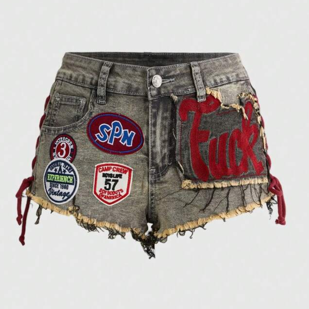 Spring And Summer Retro Sports Embroidered Drawstring Low Waist Shorts For Women
