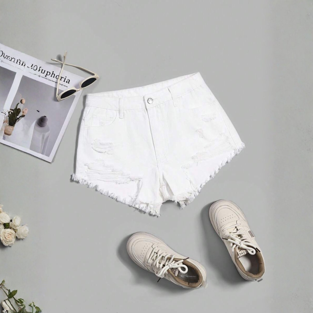Fringe And Hem Everyday Denim Shorts Y2k Ripped For Women