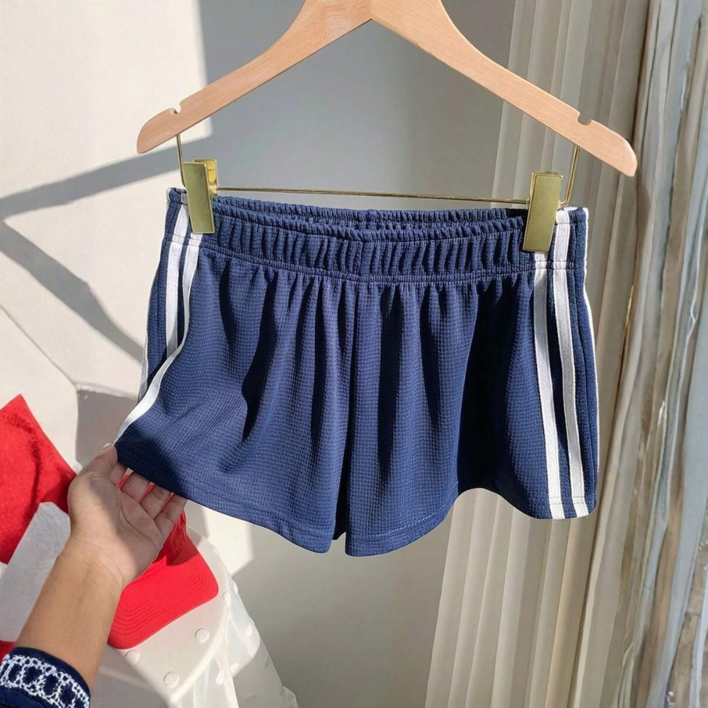 Vintage Washed Knit Cotton Striped Wide Shorts For Women