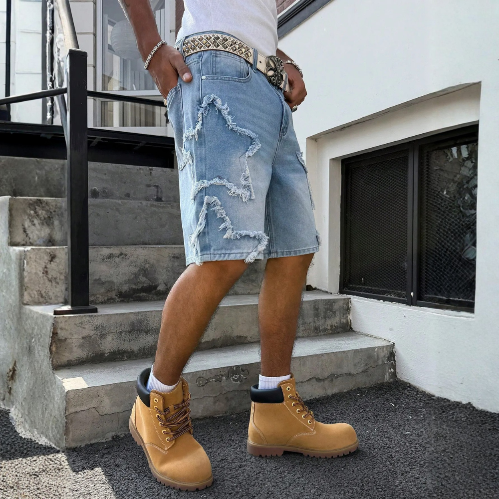 Men’s Distressed Wide Leg Denim Shorts Streetwear