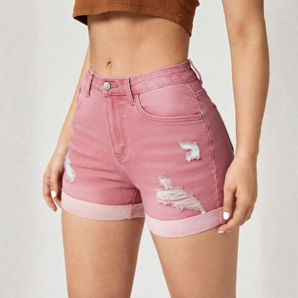 High Waist Frayed Edge Denim Shorts For Womens