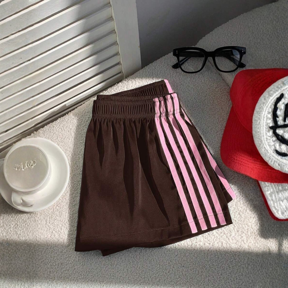 Vintage Washed Knit Cotton Striped Wide Shorts For Women