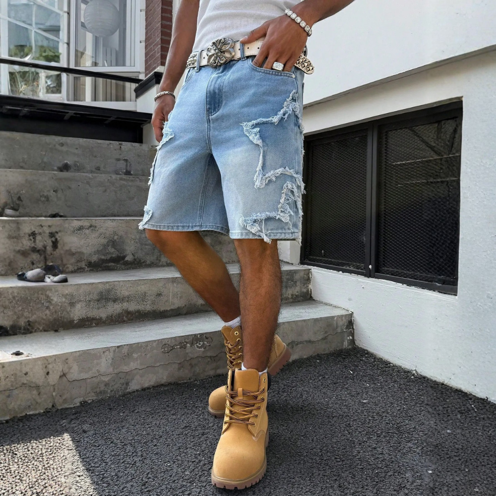 Men’s Distressed Wide Leg Denim Shorts Streetwear