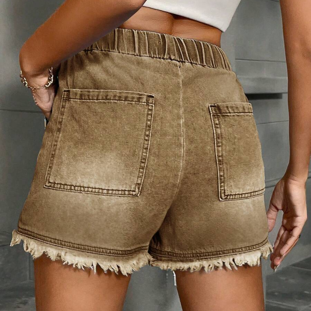 Casual Drawstring Frayed Hem Denim Shorts For Women
