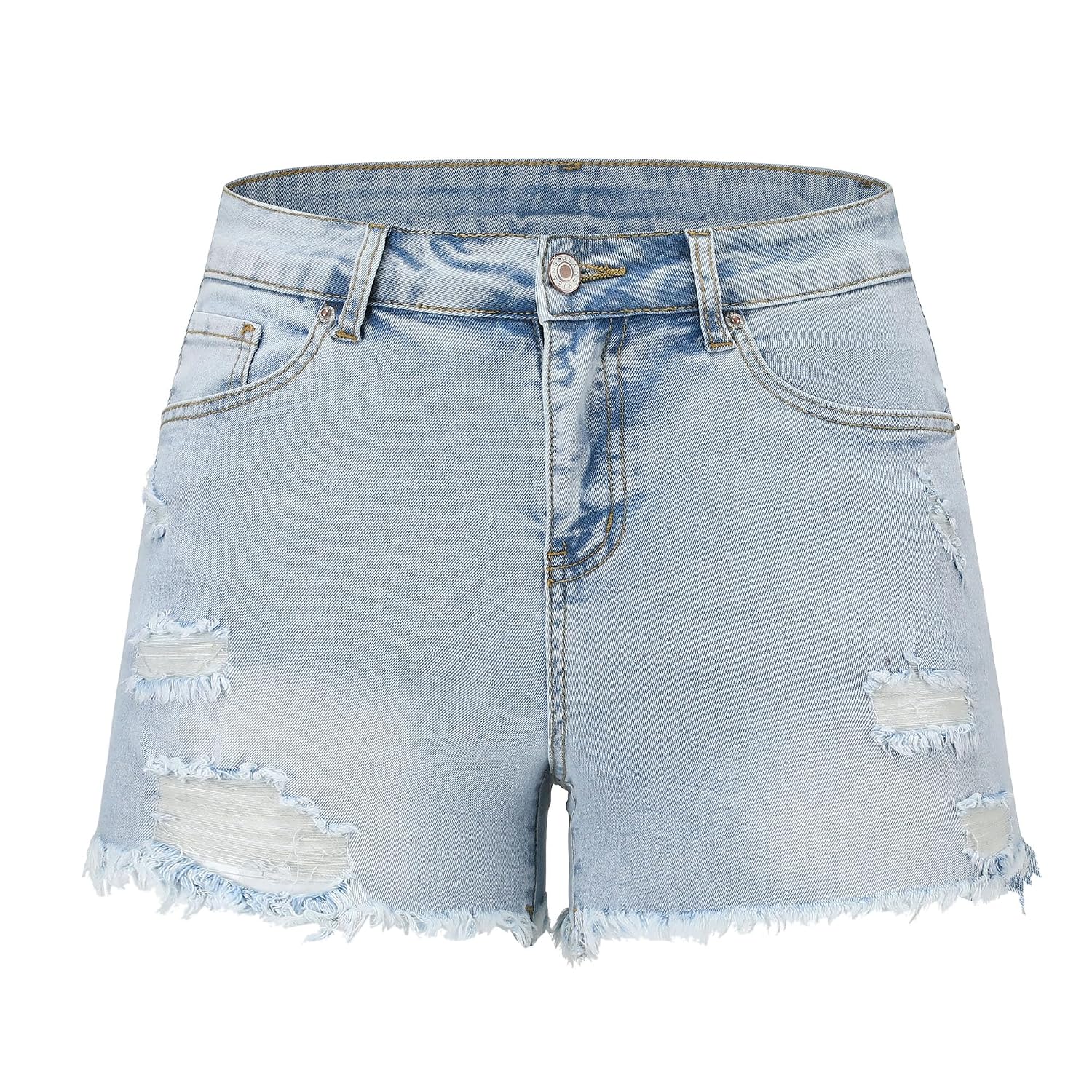 Casual Denim Ripped Stretchy Mid Rise Shorts For Women