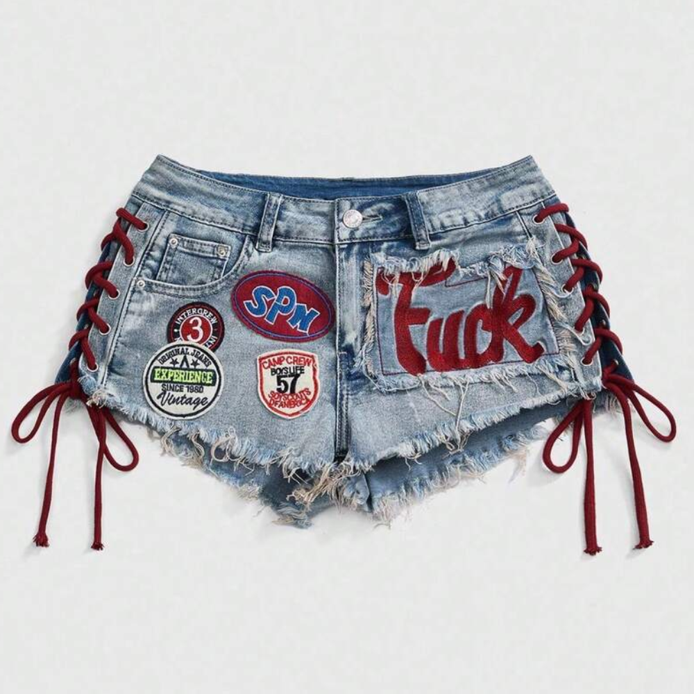 Spring And Summer Retro Sports Embroidered Drawstring Low Waist Shorts For Women