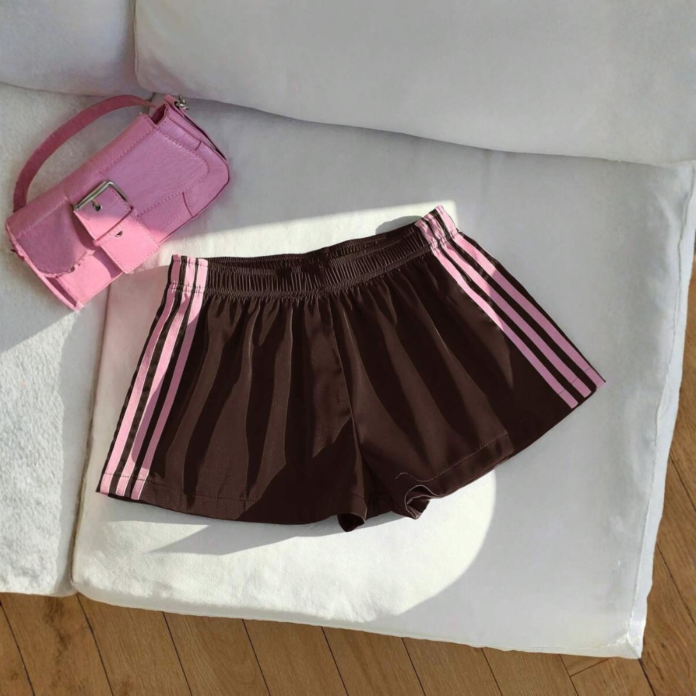 Vintage Washed Knit Cotton Striped Wide Shorts For Women