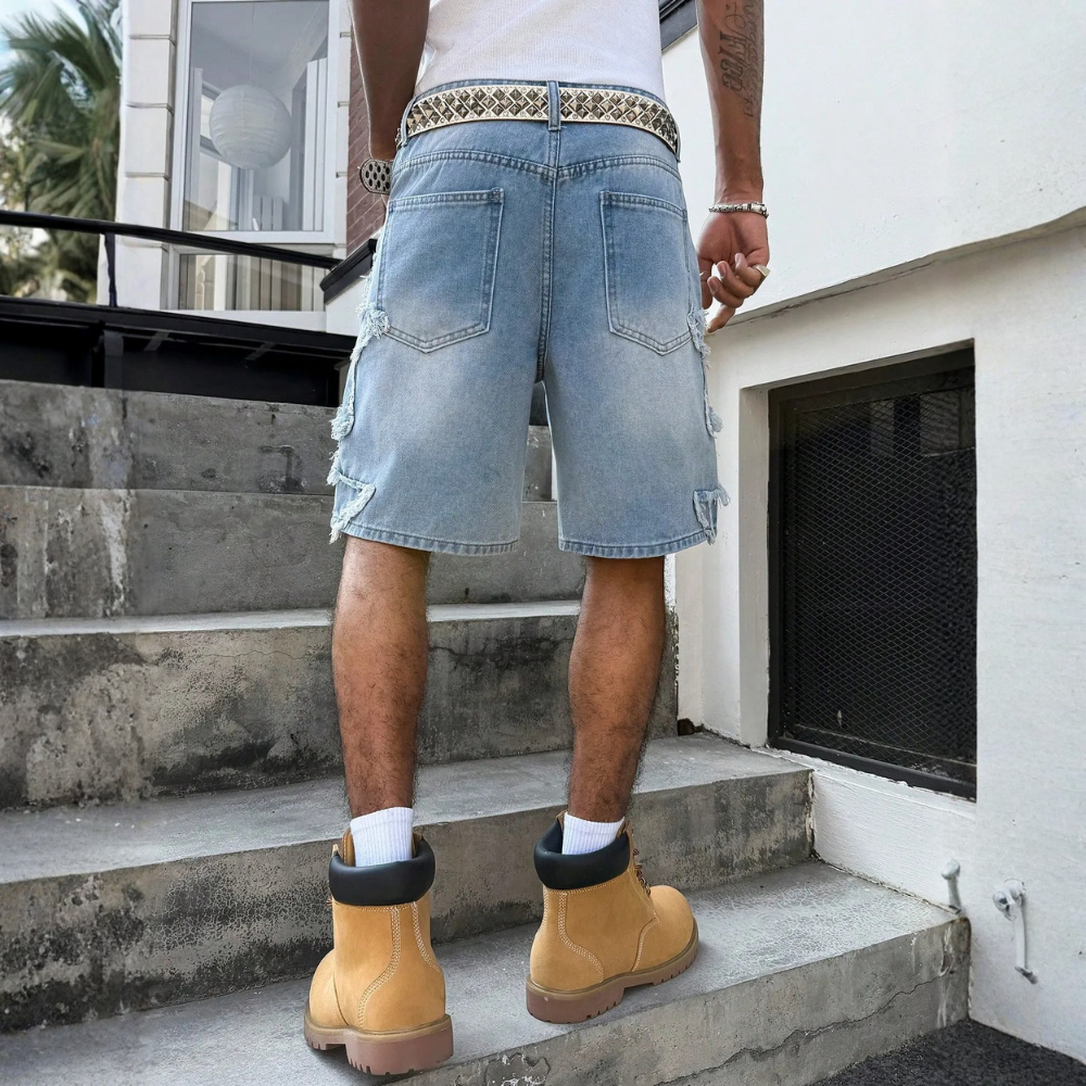 Men’s Distressed Wide Leg Denim Shorts Streetwear